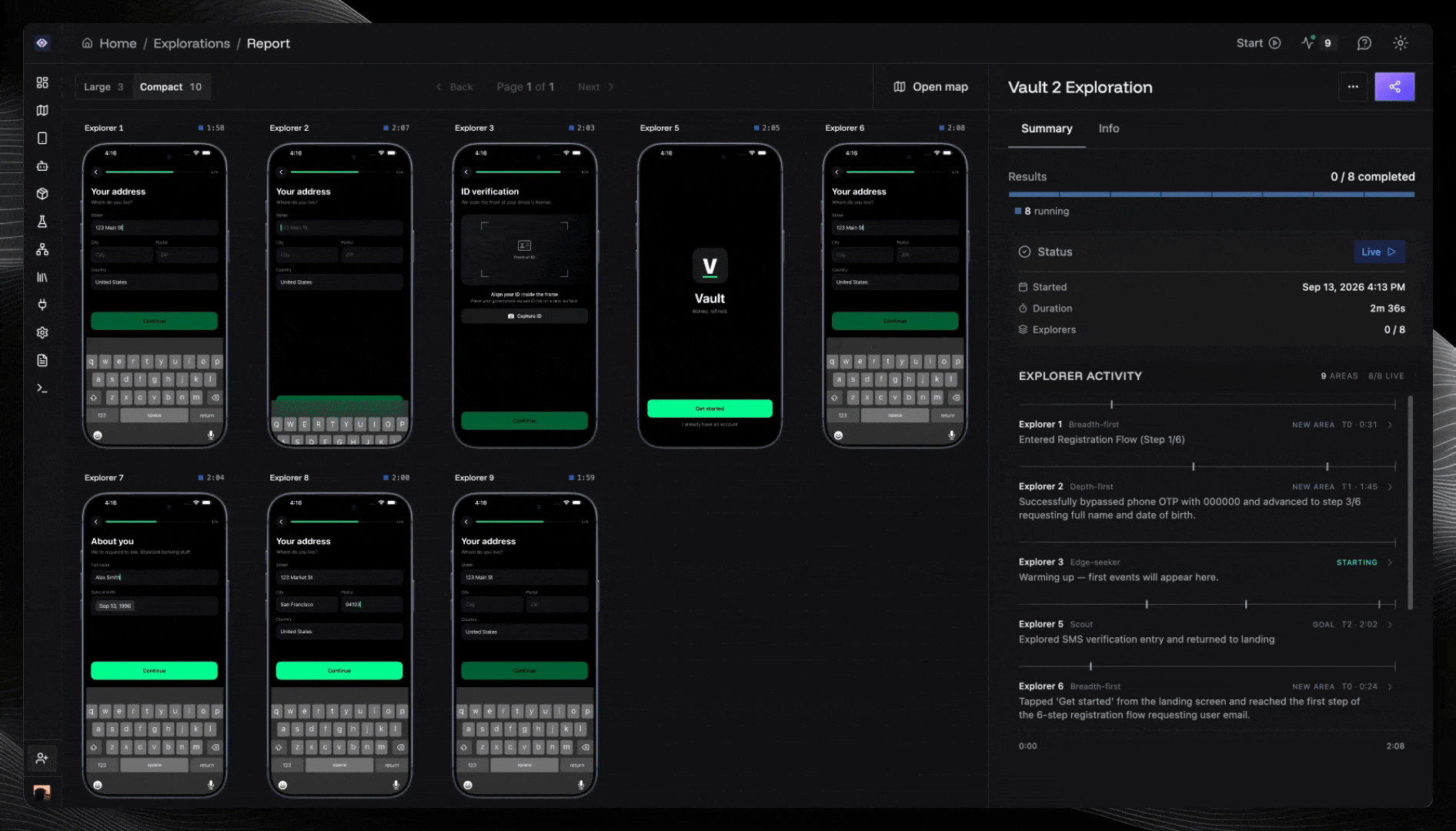 A swarm of agents explores different paths through a mobile app in Revyl, with live device screens beside a shared exploration activity report.