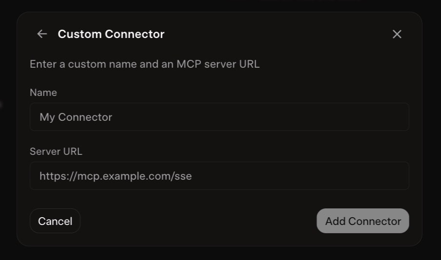 Grok Build's Custom Connector dialog: enter a name and the MCP server URL.