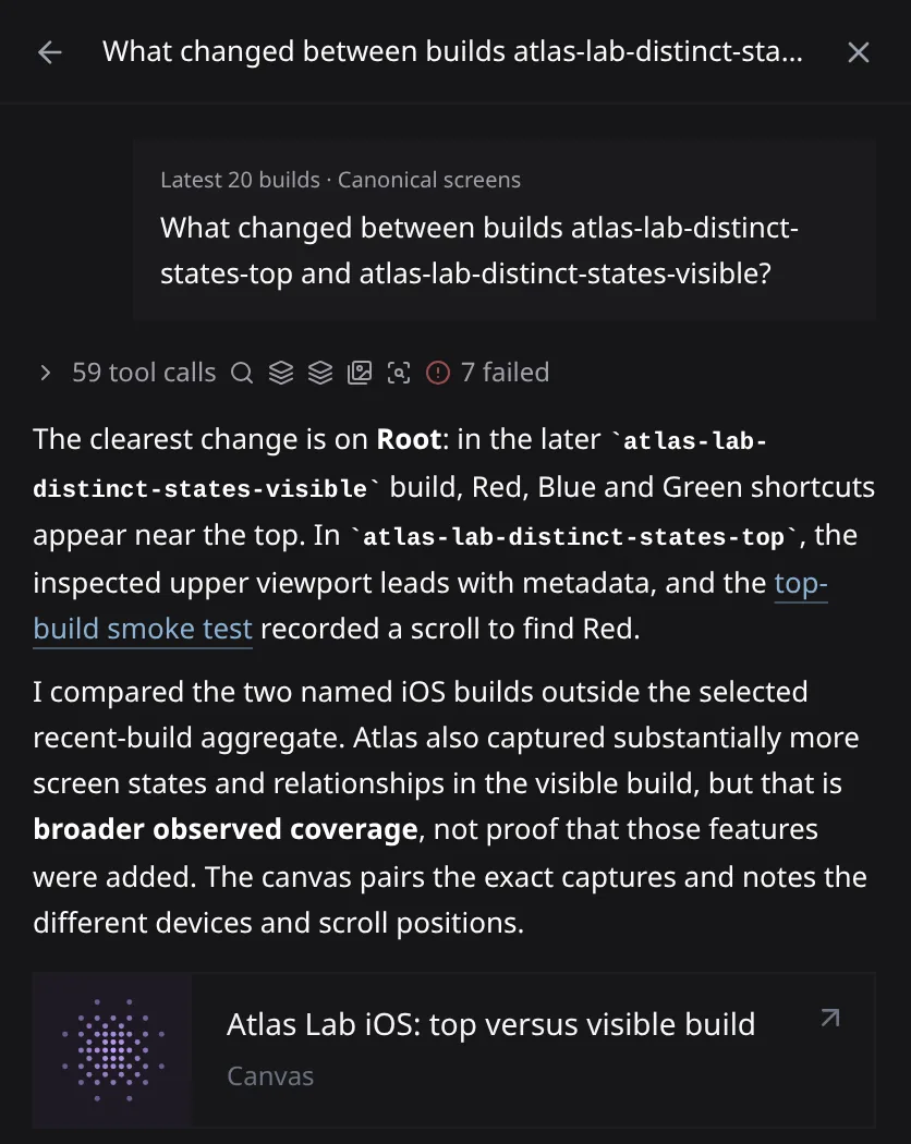 An Atlas Chat answer comparing two builds of a demo app, with a link to a smoke test and a shareable canvas