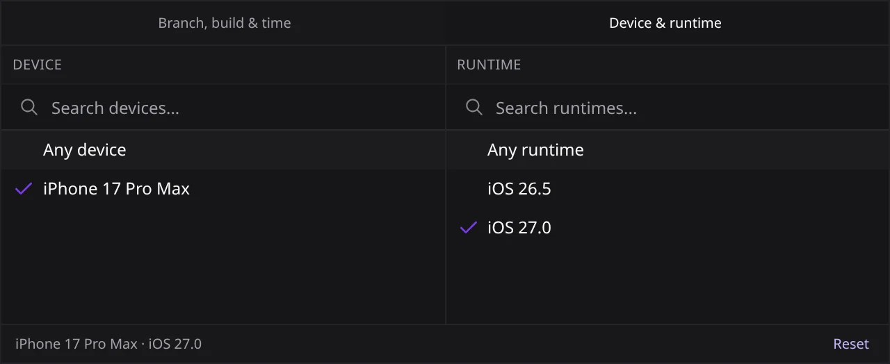 The Device and runtime panel in the Atlas scope control, filtered to iPhone 17 Pro Max on iOS 27.0