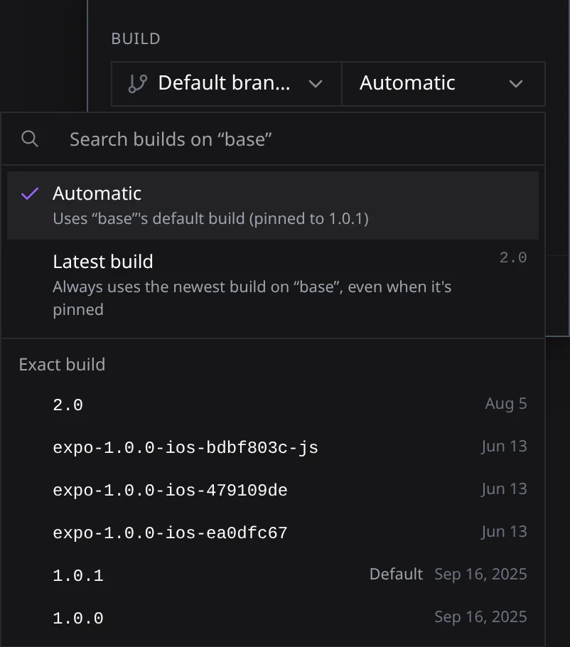 The build picker in the Start session dialog, showing Automatic, Latest build, and exact builds on the base branch