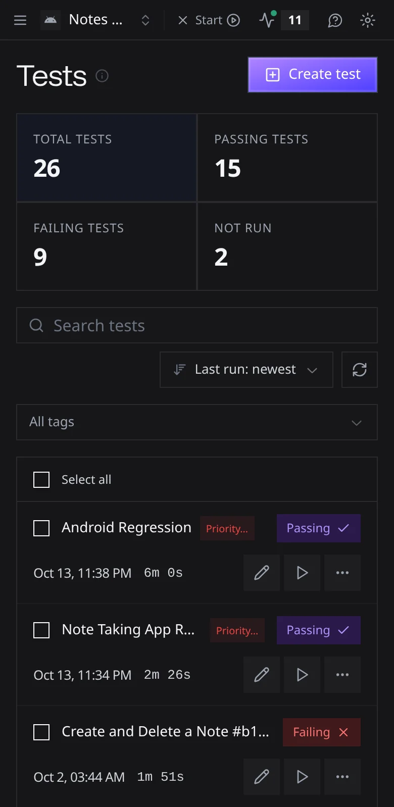 The Tests page on a phone, with a sort control, a Select all row, and tests shown as stacked cards