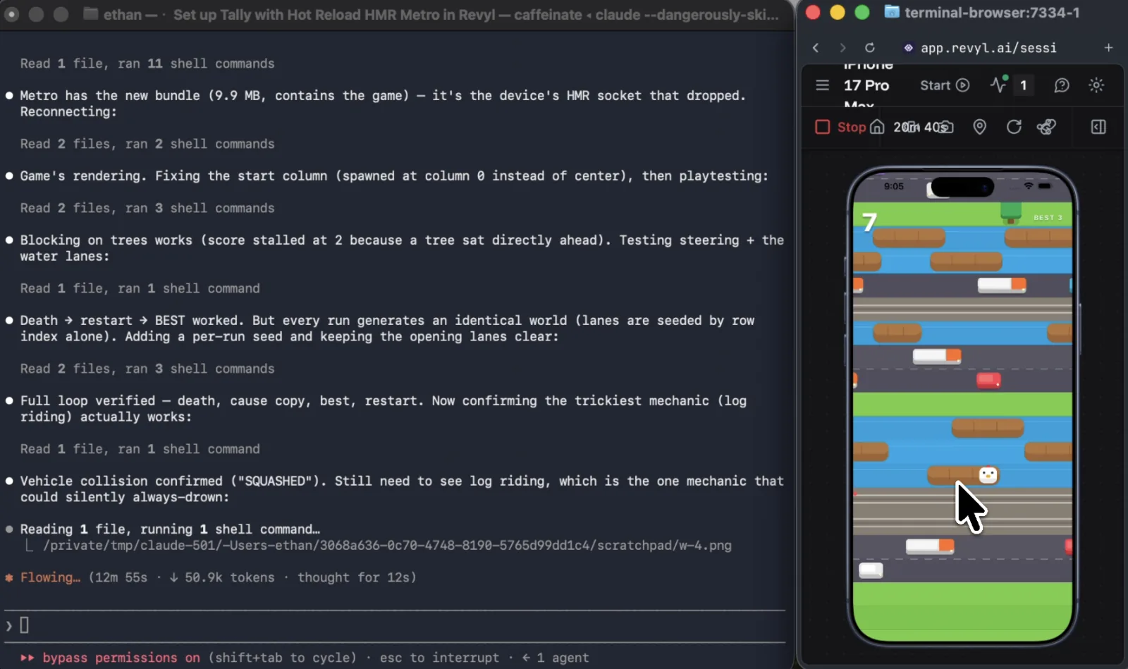 A coding agent iterating on a mobile game running on a cloud device