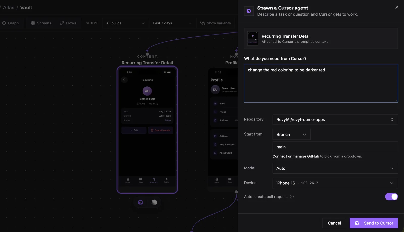 Revyl opening a Cursor coding agent from an Atlas screen