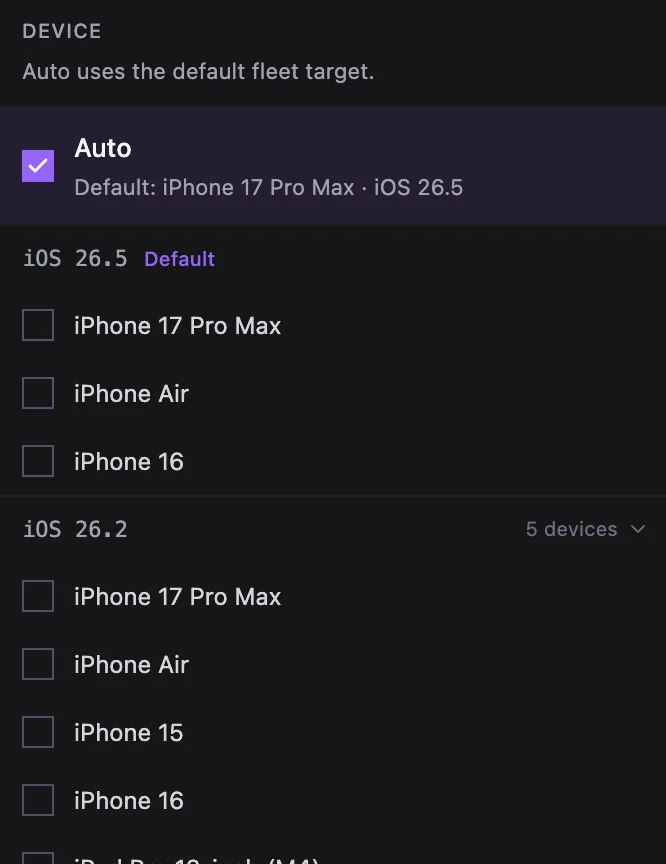 Revyl cloud device selector showing available iOS devices and runtimes